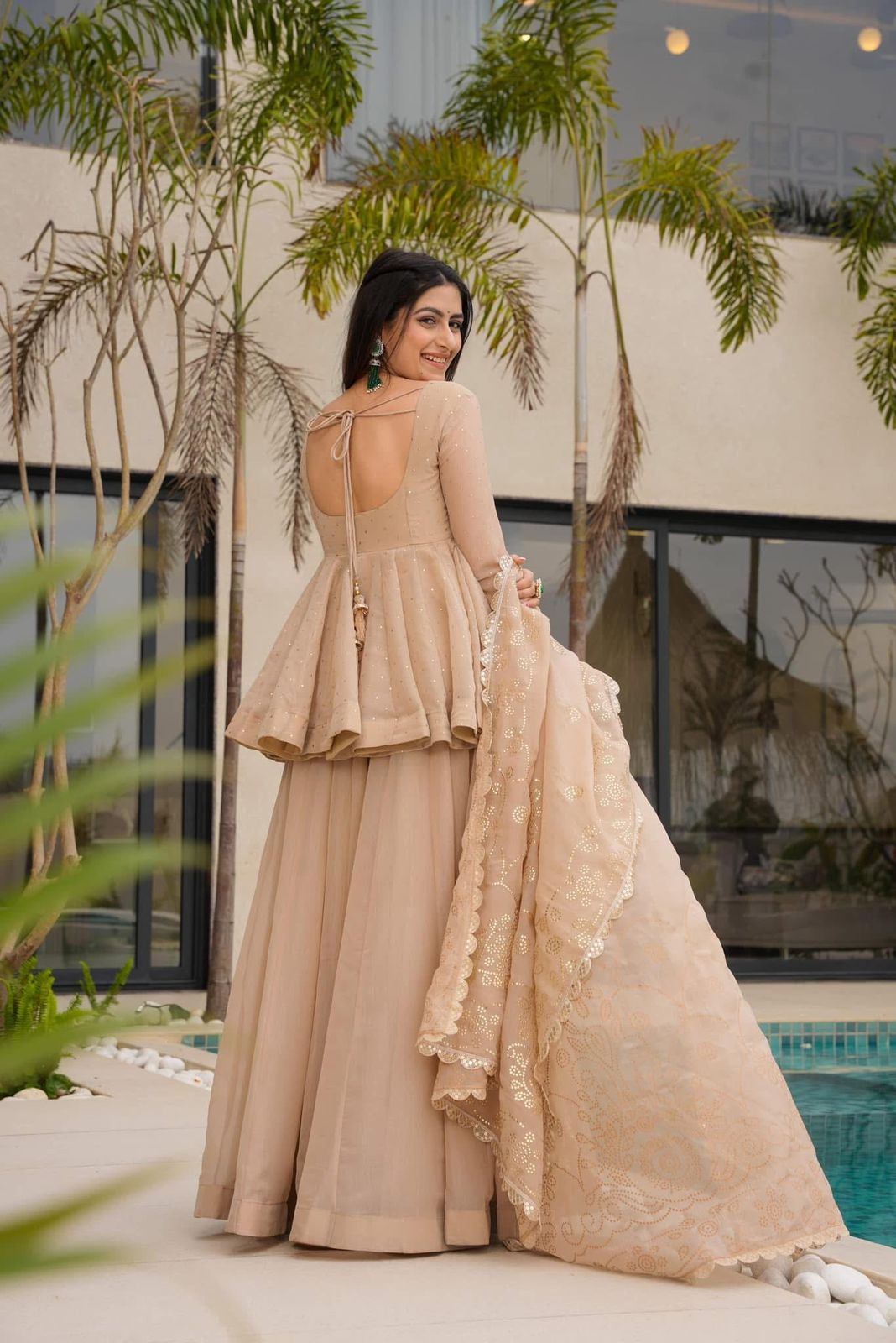 Women's Embroidered Peplum Sharara Suit Set with Dupatta.