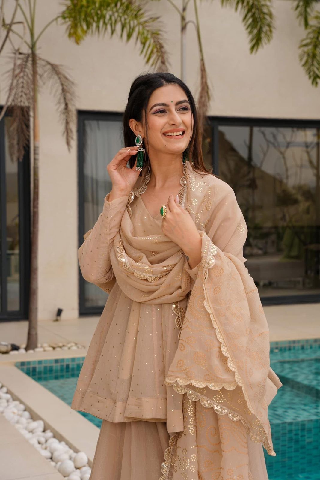 Women's Embroidered Peplum Sharara Suit Set with Dupatta.
