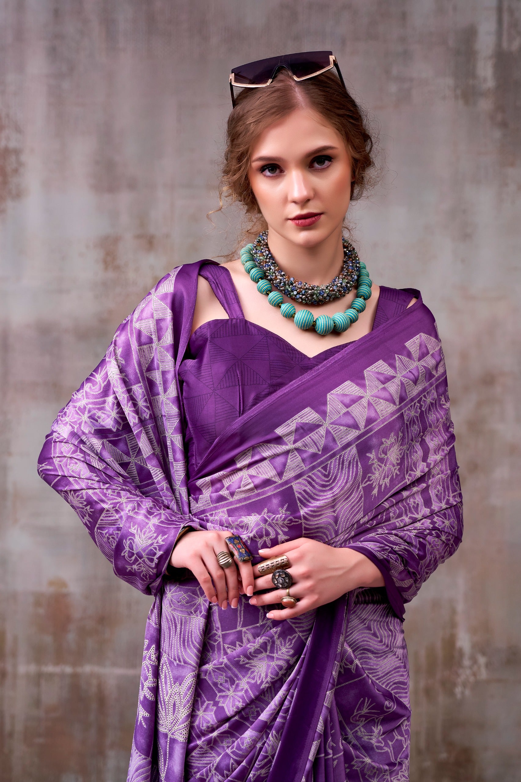 Women's Premium Satin Saree with Elegant Silver Printed Design.