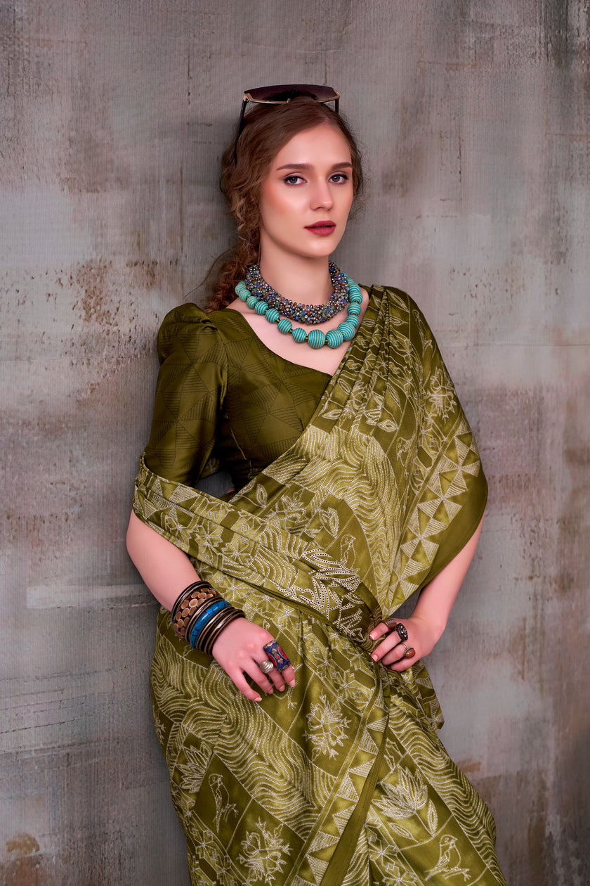 Women's Premium Satin Saree with Elegant Silver Printed Design.