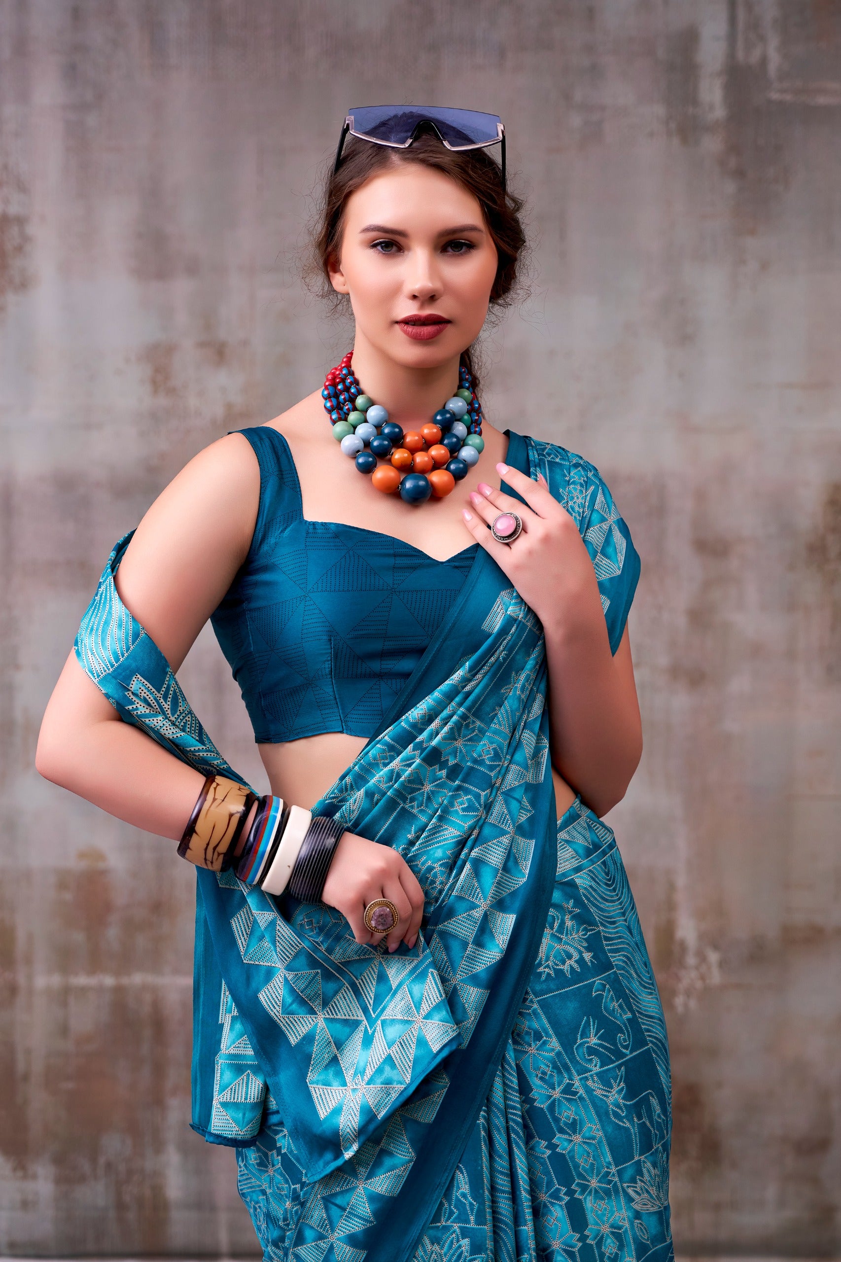Women's Premium Satin Saree with Elegant Silver Printed Design.
