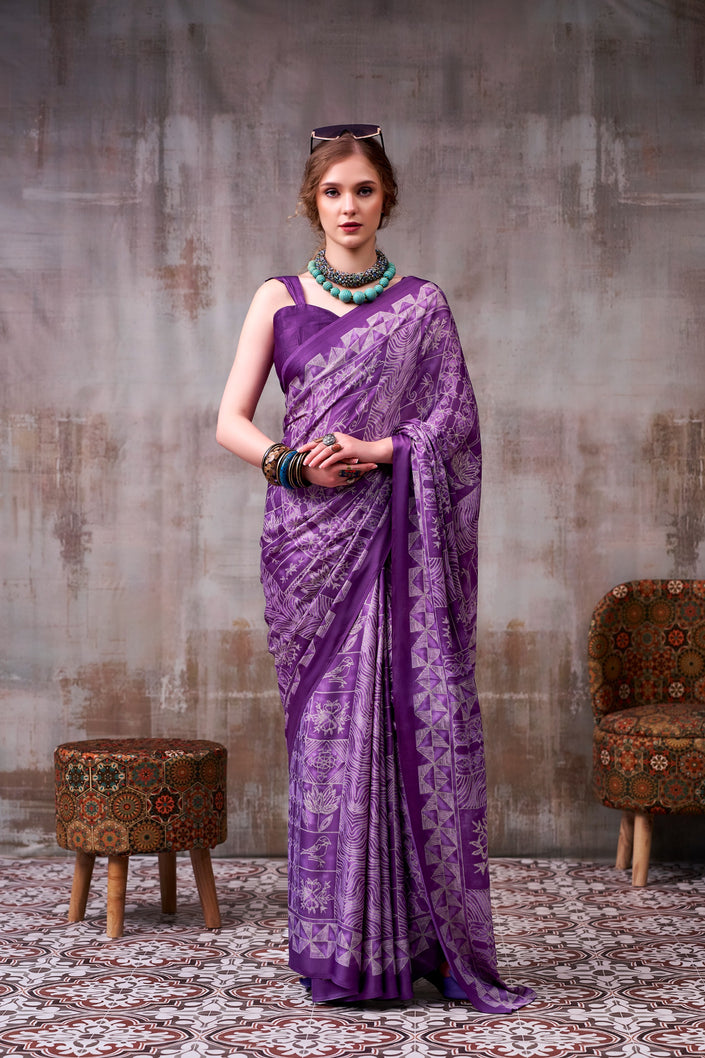 Women's Premium Satin Saree with Elegant Silver Printed Design.
