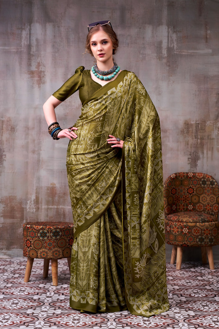 Women's Premium Satin Saree with Elegant Silver Printed Design.