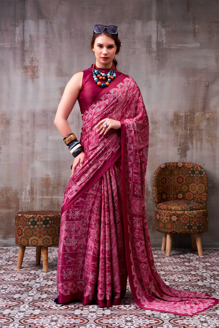Women's Premium Satin Saree with Elegant Silver Printed Design.