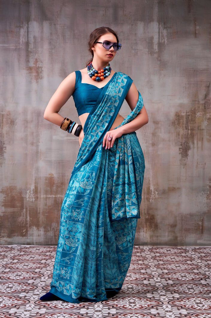 Women's Premium Satin Saree with Elegant Silver Printed Design.