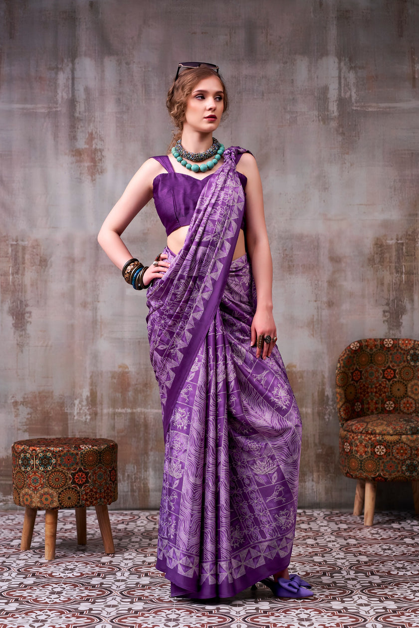 Women's Premium Satin Saree with Elegant Silver Printed Design.