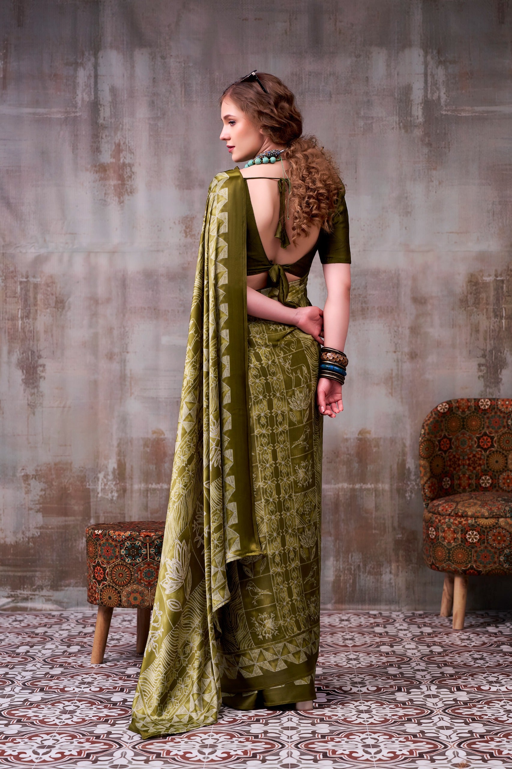 Women's Premium Satin Saree with Elegant Silver Printed Design.
