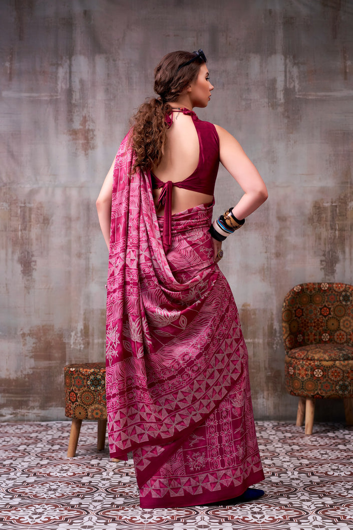 Women's Premium Satin Saree with Elegant Silver Printed Design.