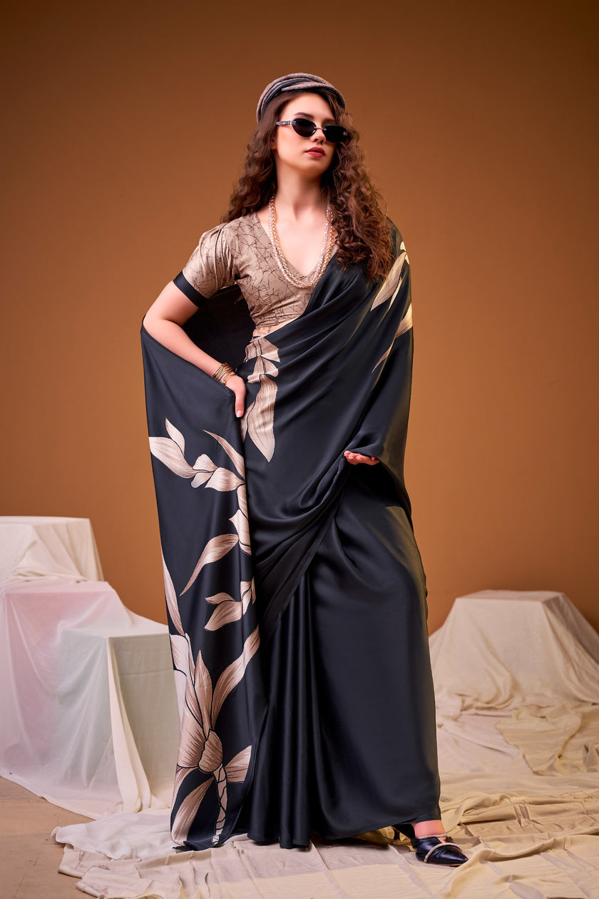 Soft Satin Floral Printed Saree with Designer Look and Blouse Piece