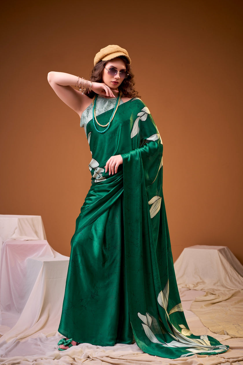 Soft Satin Floral Printed Saree with Designer Look and Blouse Piece