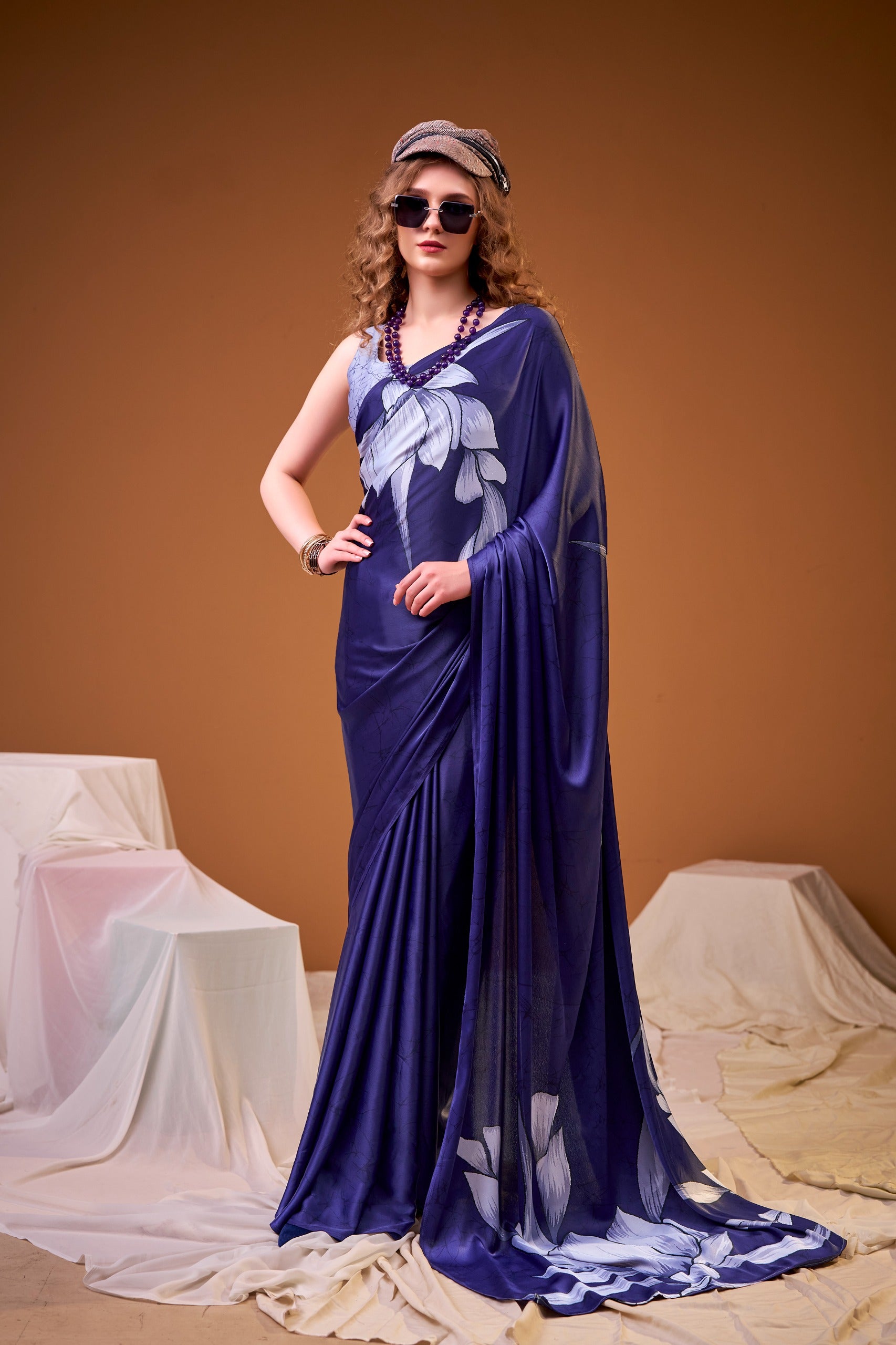 Soft Satin Floral Printed Saree with Designer Look and Blouse Piece