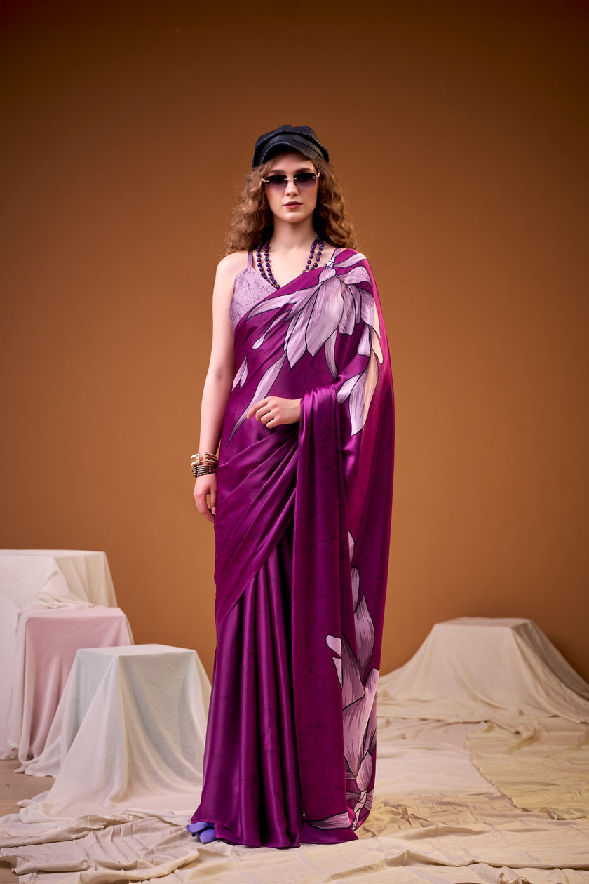 Soft Satin Floral Printed Saree with Designer Look and Blouse Piece