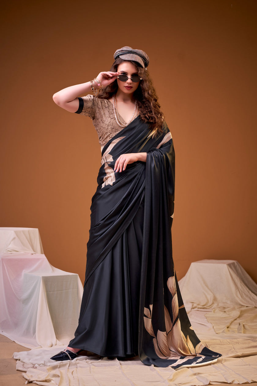 Soft Satin Floral Printed Saree with Designer Look and Blouse Piece