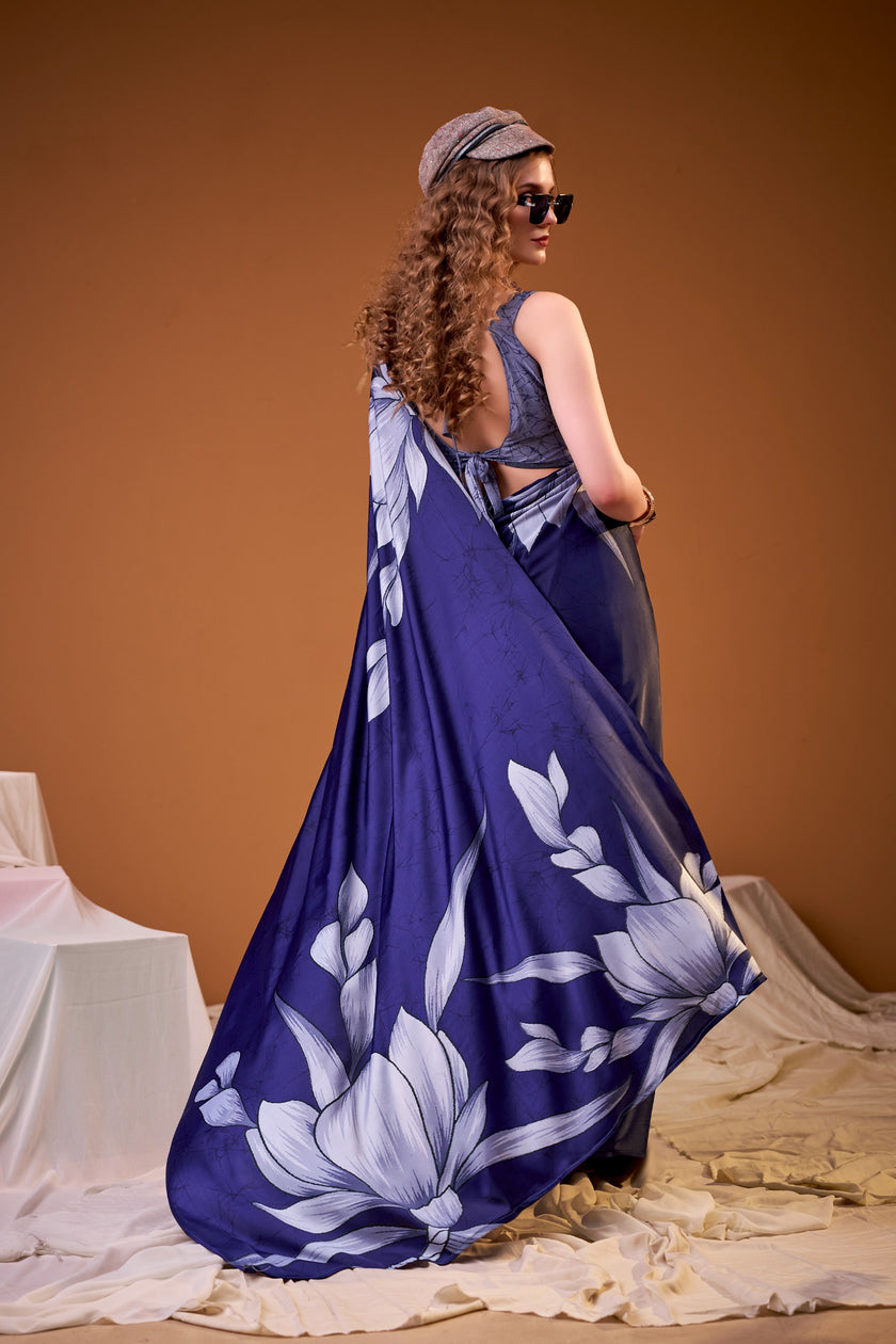 Soft Satin Floral Printed Saree with Designer Look and Blouse Piece
