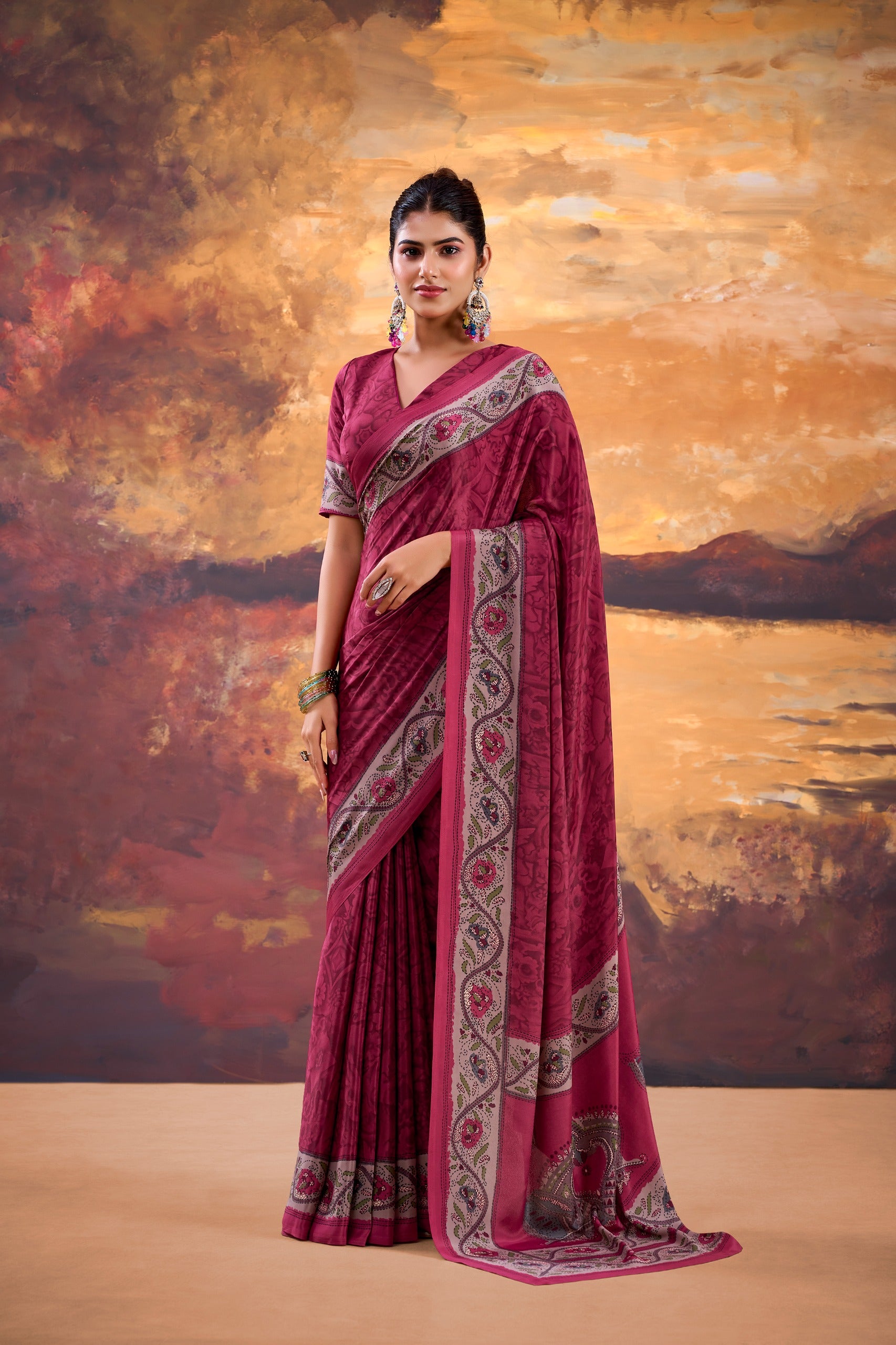 Floral Printed Saree with Ethnic Designer Border & Blouse Piece.
