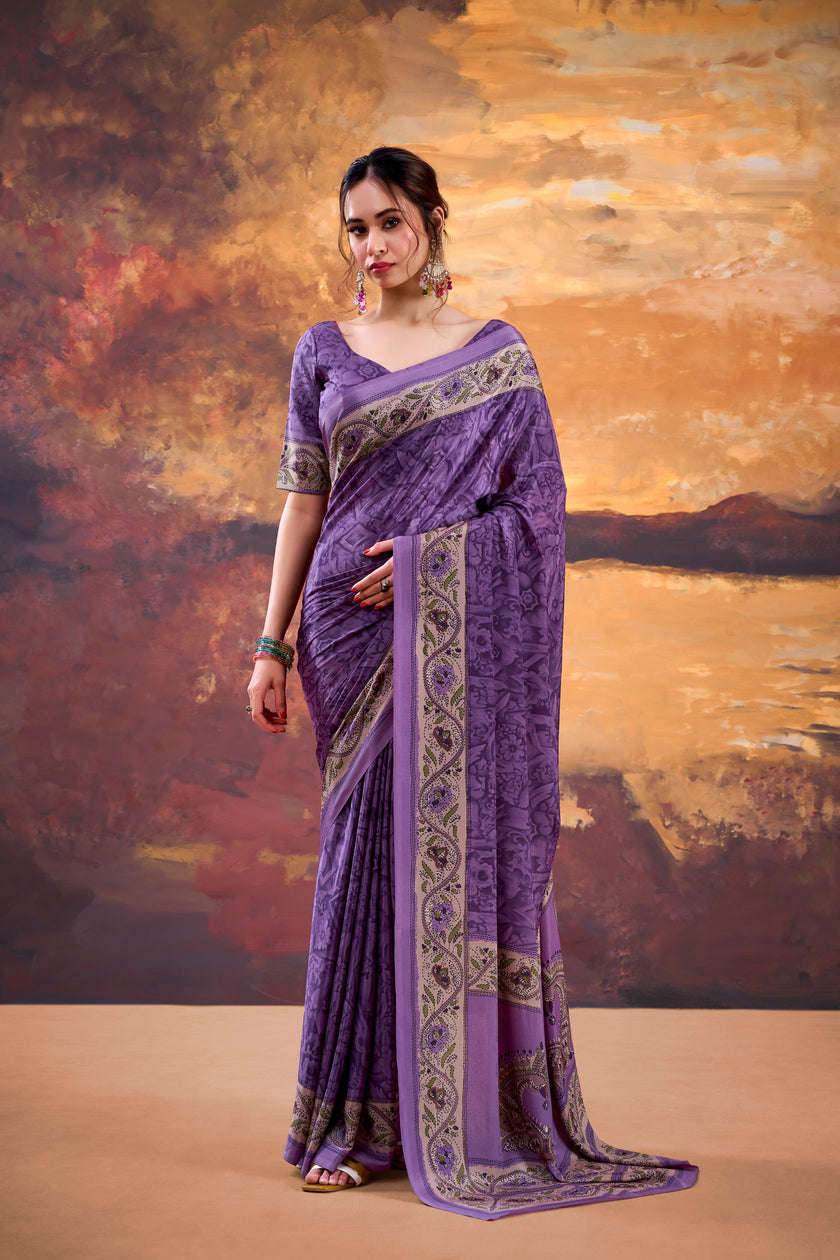 Floral Printed Saree with Ethnic Designer Border & Blouse Piece.