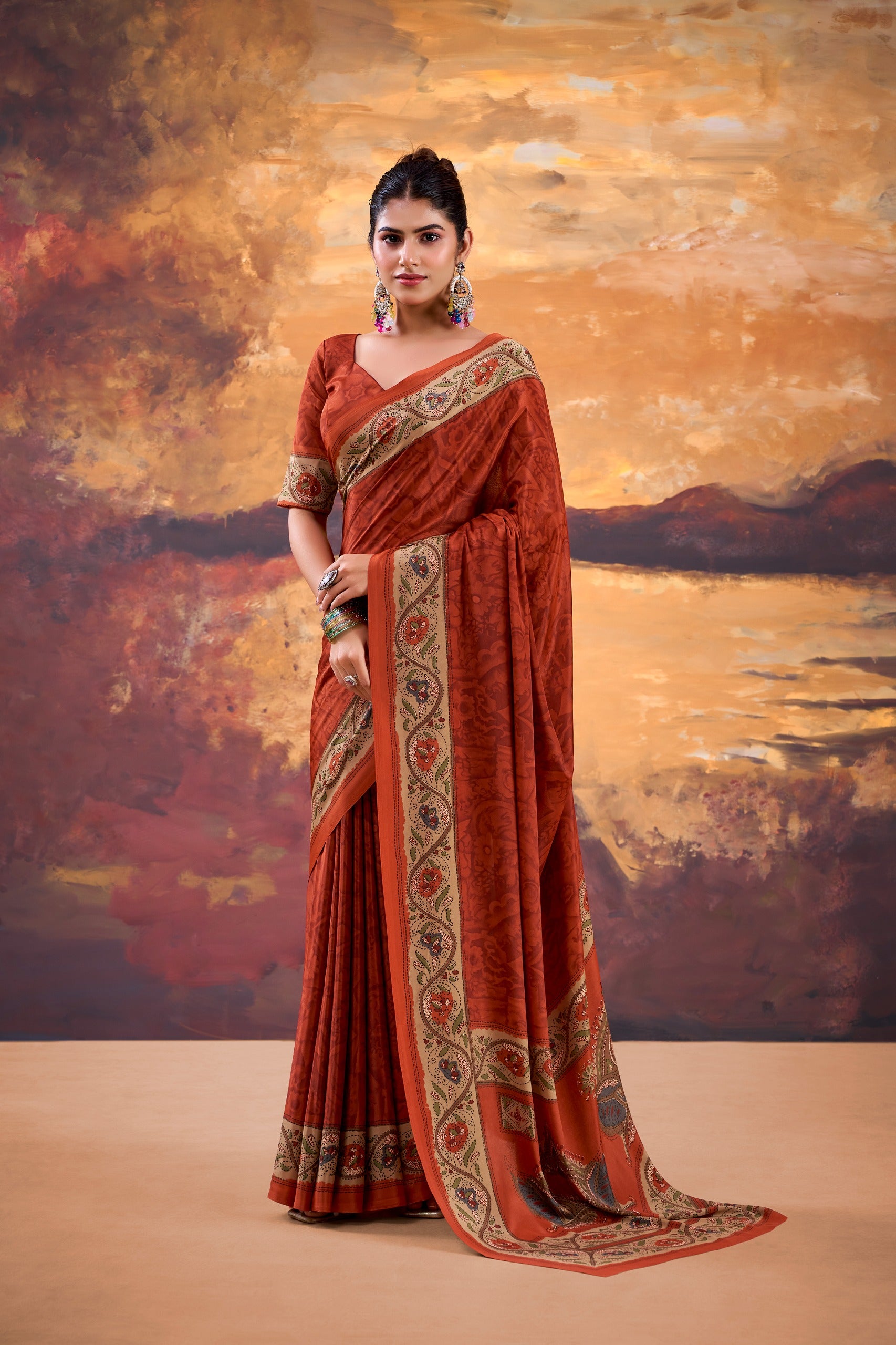 Floral Printed Saree with Ethnic Designer Border & Blouse Piece.