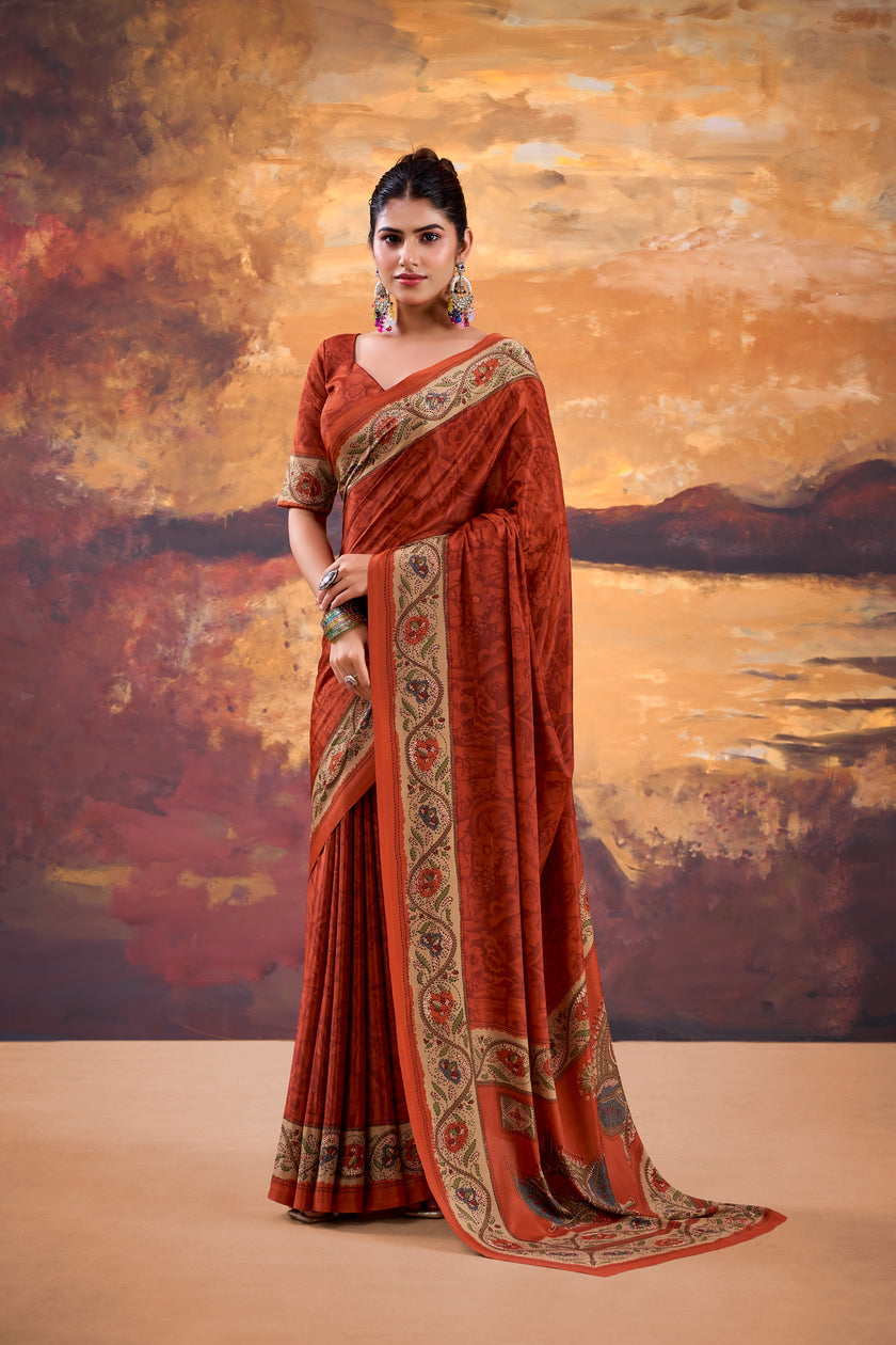 Floral Printed Saree with Ethnic Designer Border & Blouse Piece.