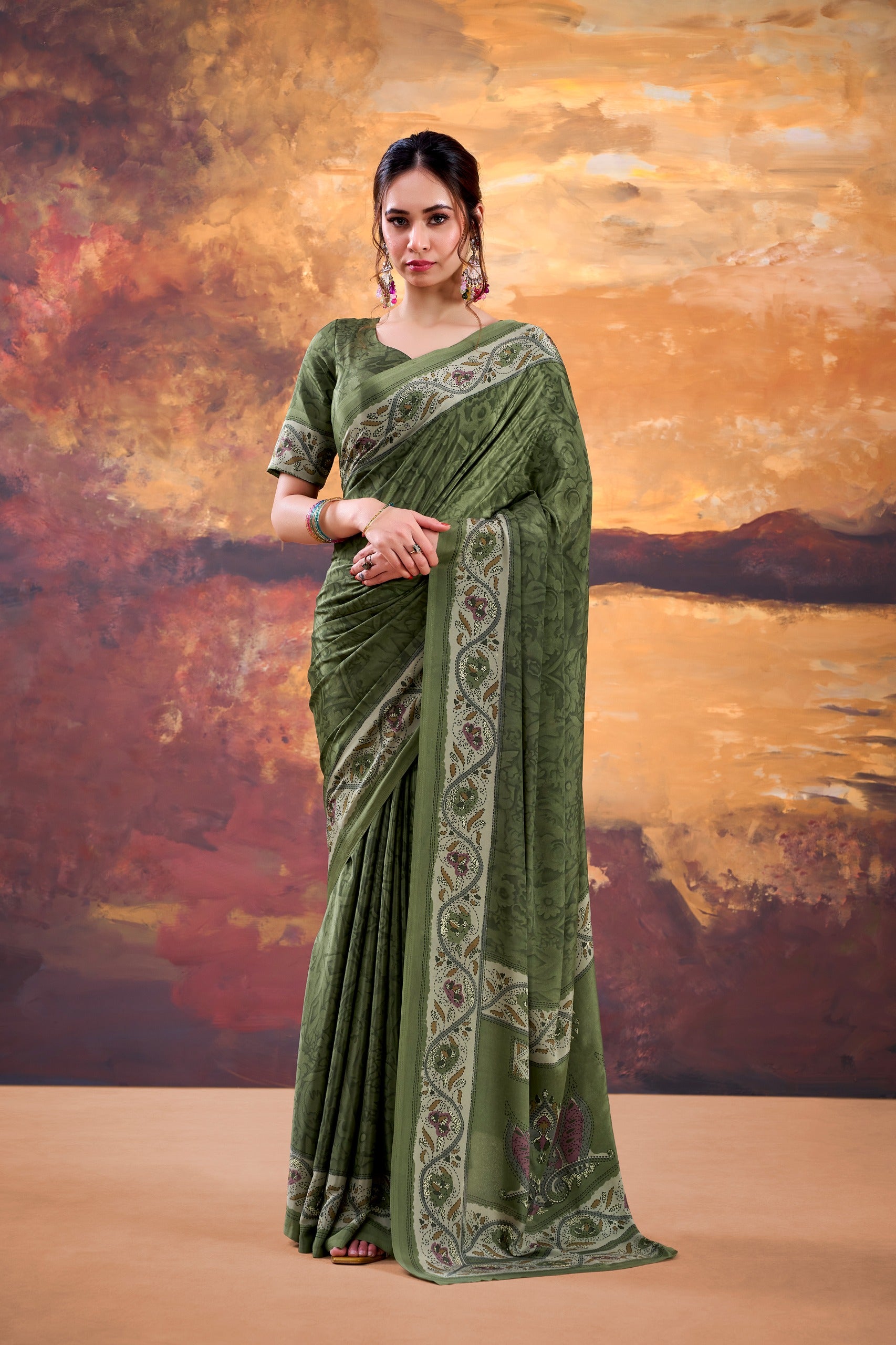 Floral Printed Saree with Ethnic Designer Border & Blouse Piece.