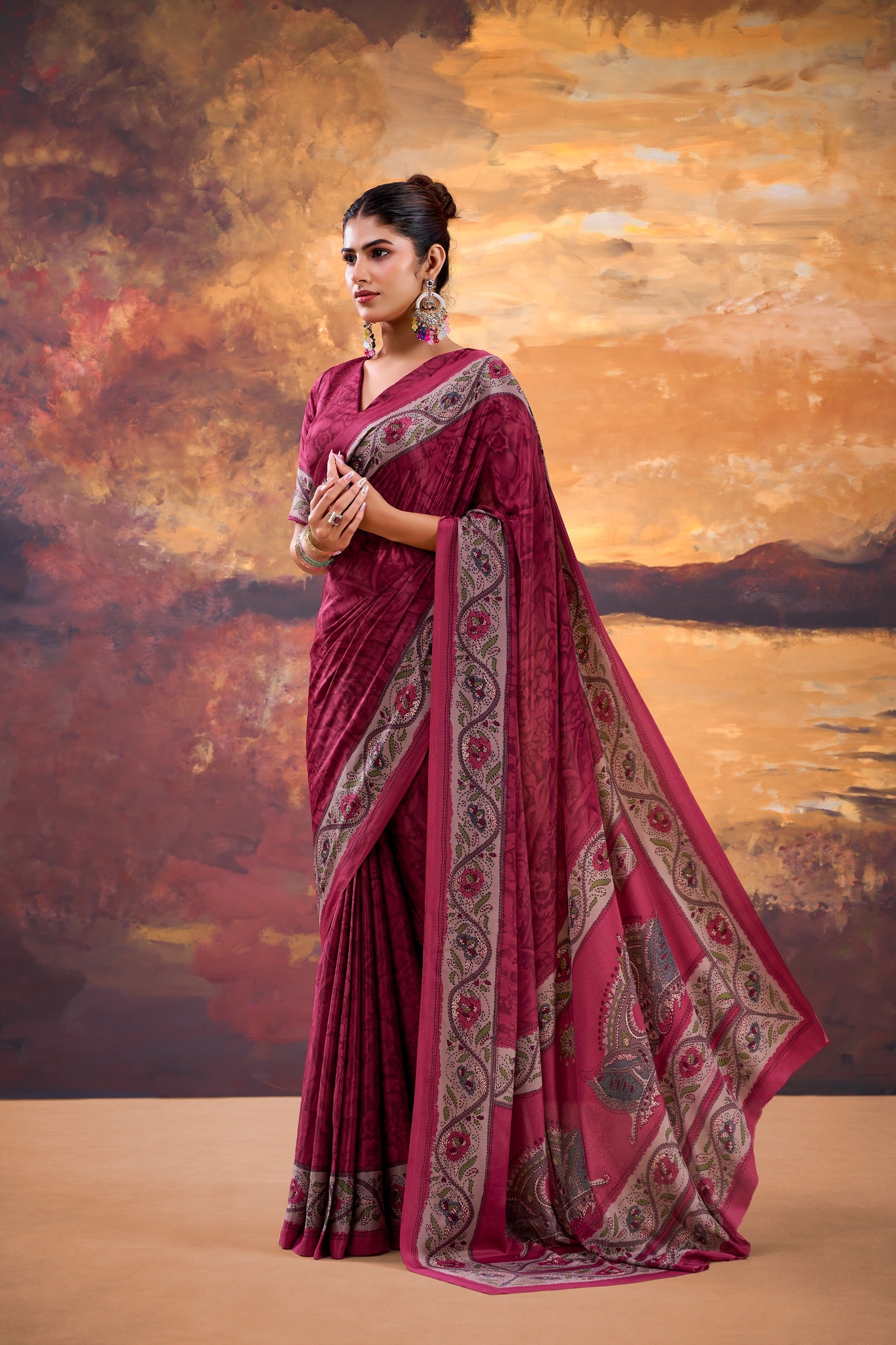 Floral Printed Saree with Ethnic Designer Border & Blouse Piece.