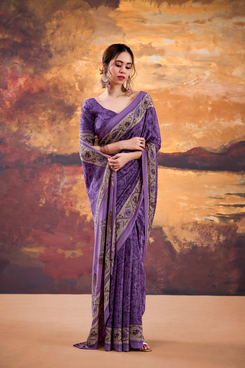 Floral Printed Saree with Ethnic Designer Border & Blouse Piece.
