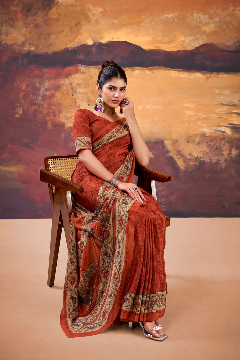 Floral Printed Saree with Ethnic Designer Border & Blouse Piece.
