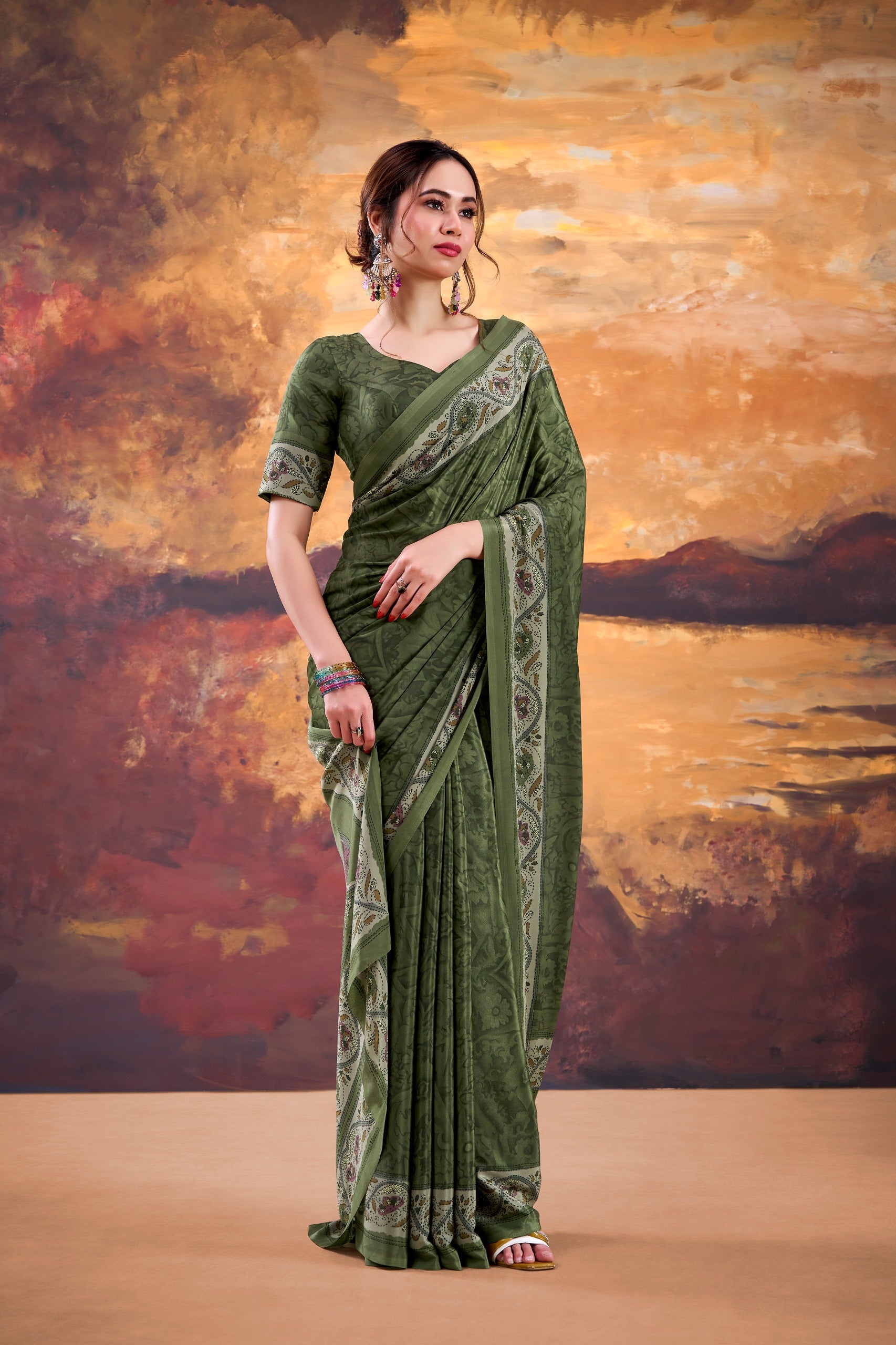 Floral Printed Saree with Ethnic Designer Border & Blouse Piece.
