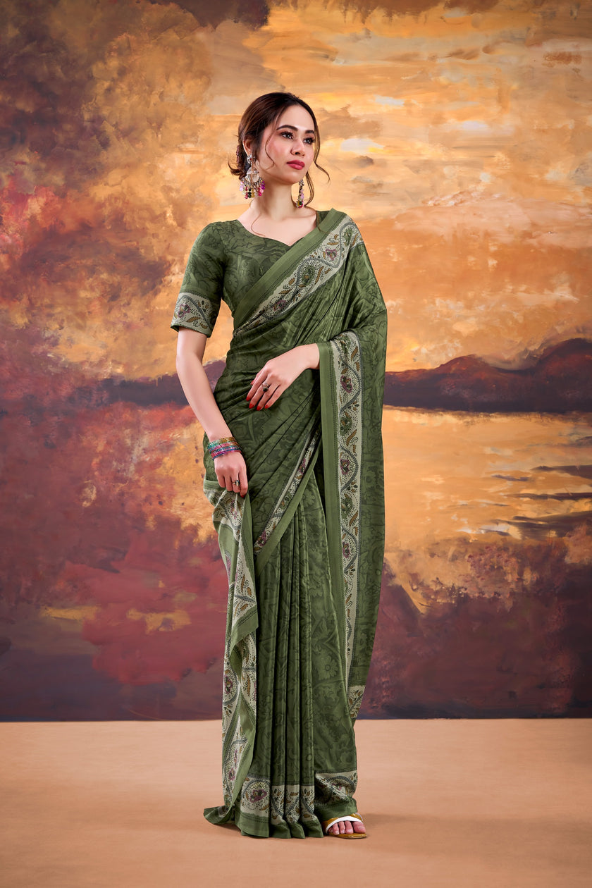 Floral Printed Saree with Ethnic Designer Border & Blouse Piece.