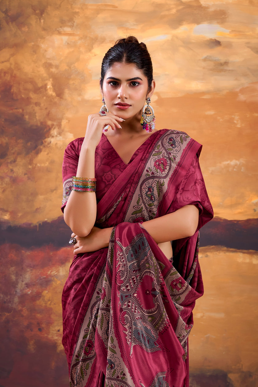 Floral Printed Saree with Ethnic Designer Border & Blouse Piece.