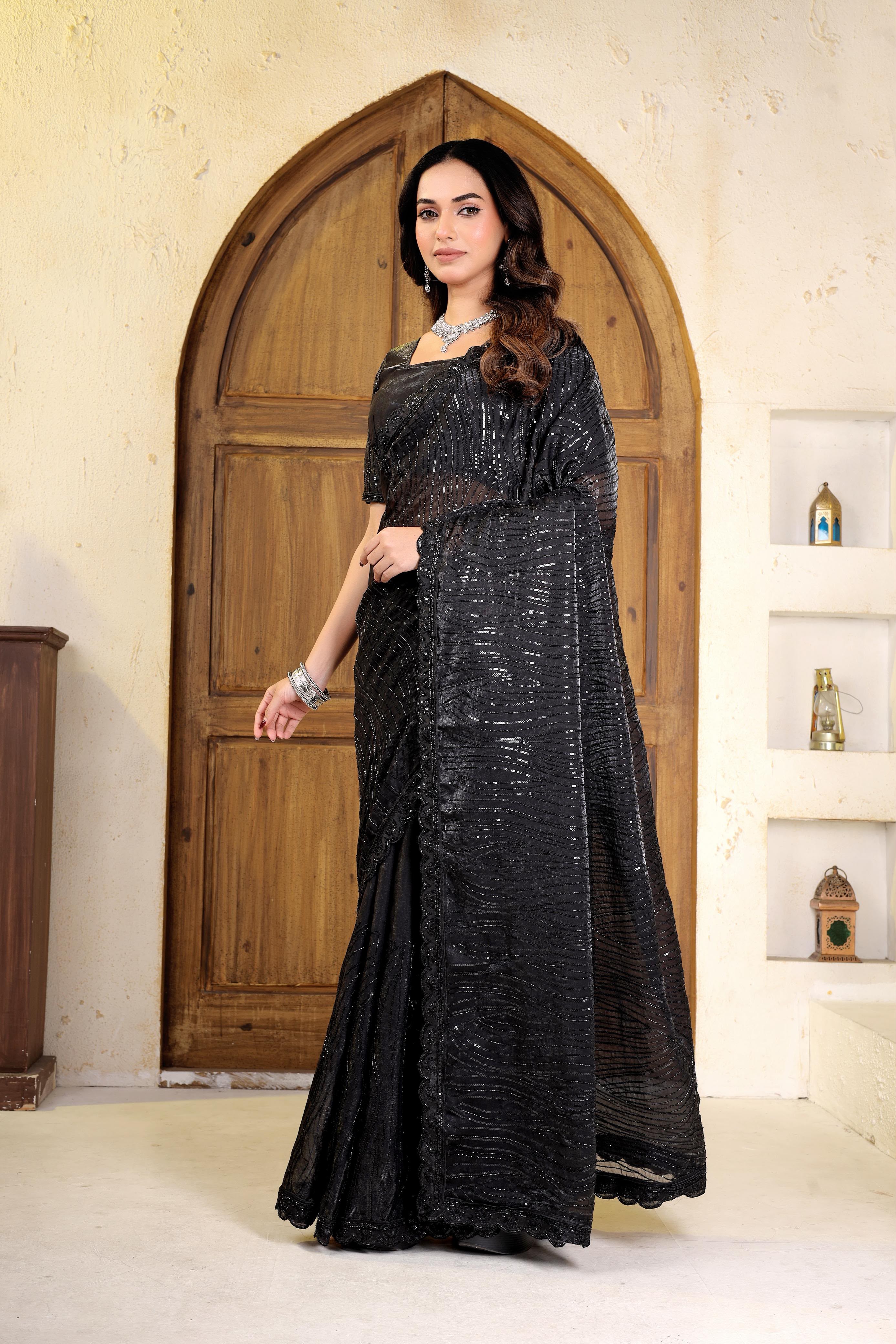 Women's Black Sequin Embroidered Silk Saree with Designer Border.
