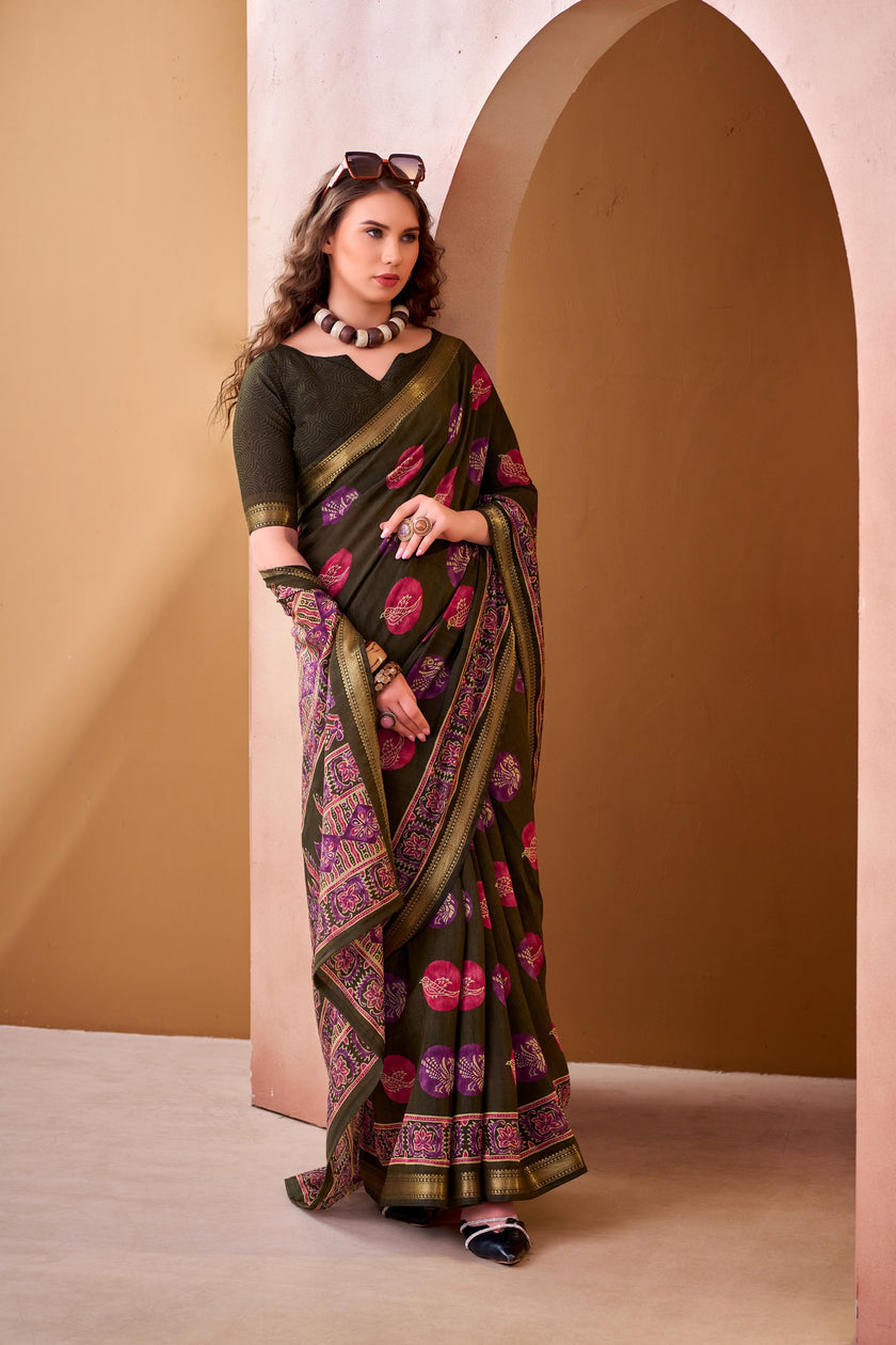 Women's Printed P.V Chanderi Saree with Designer Border