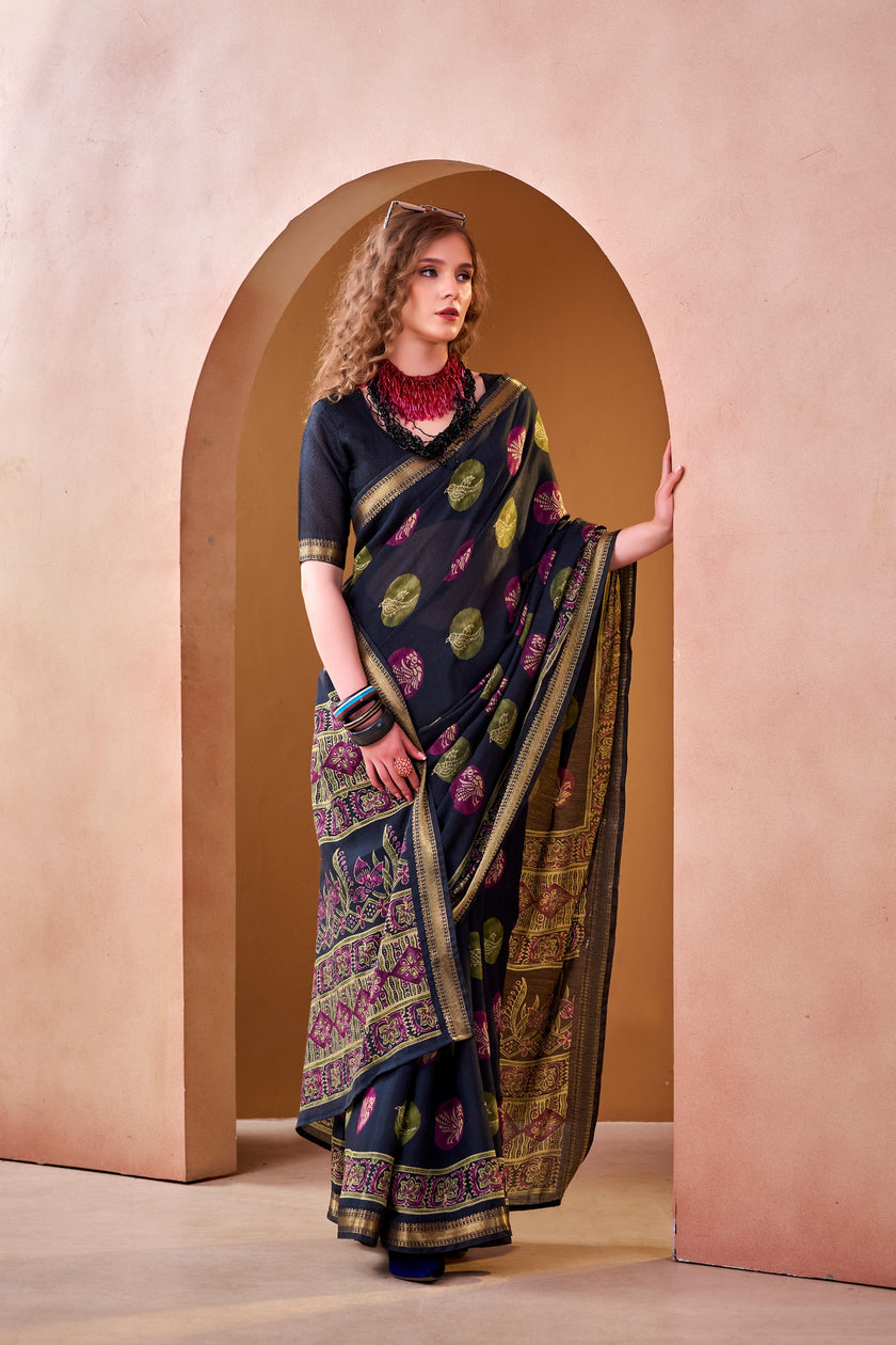 Women's Printed P.V Chanderi Saree with Designer Border