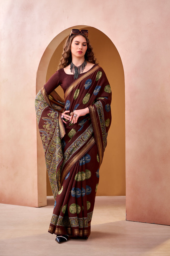 Women's Printed P.V Chanderi Saree with Designer Border