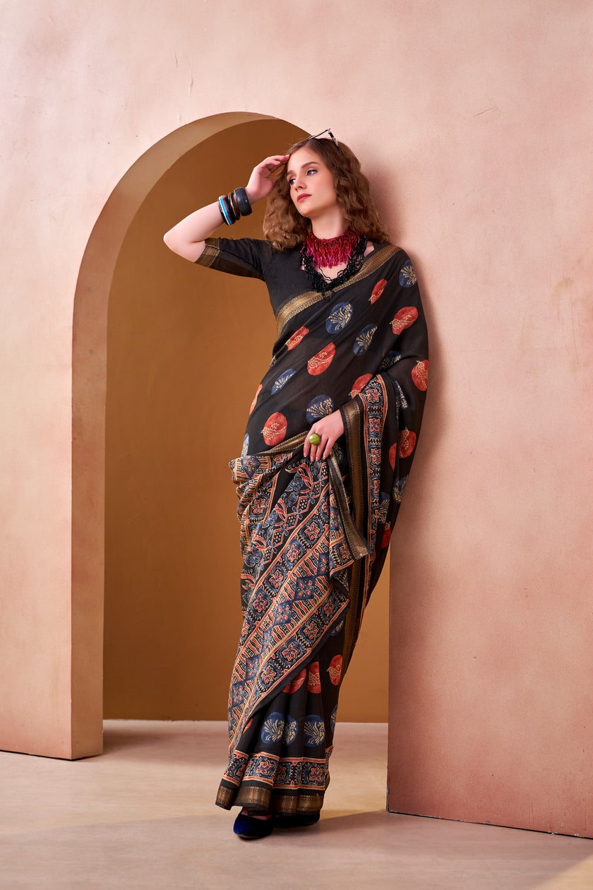 Women's Printed P.V Chanderi Saree with Designer Border