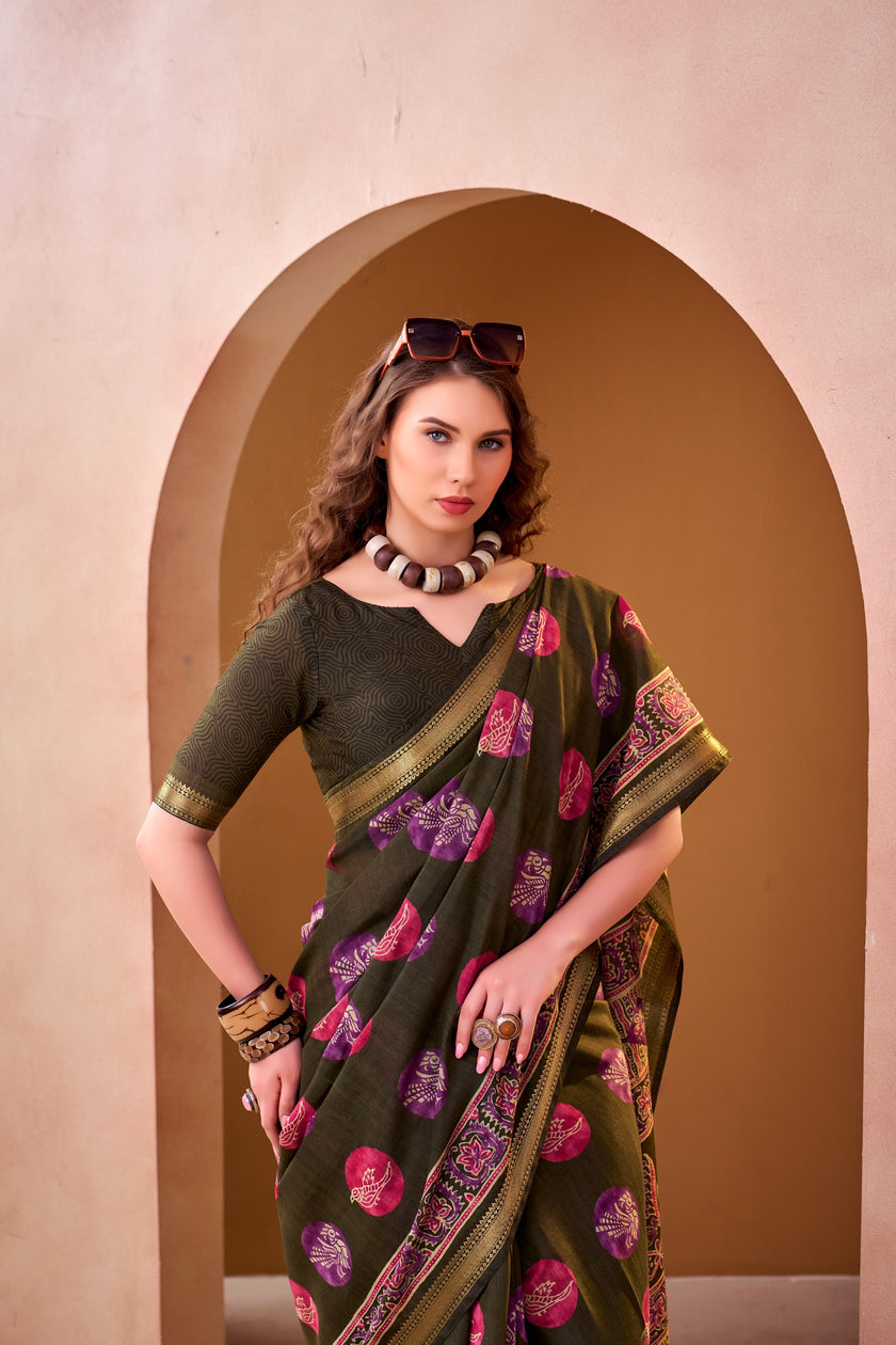 Women's Printed P.V Chanderi Saree with Designer Border