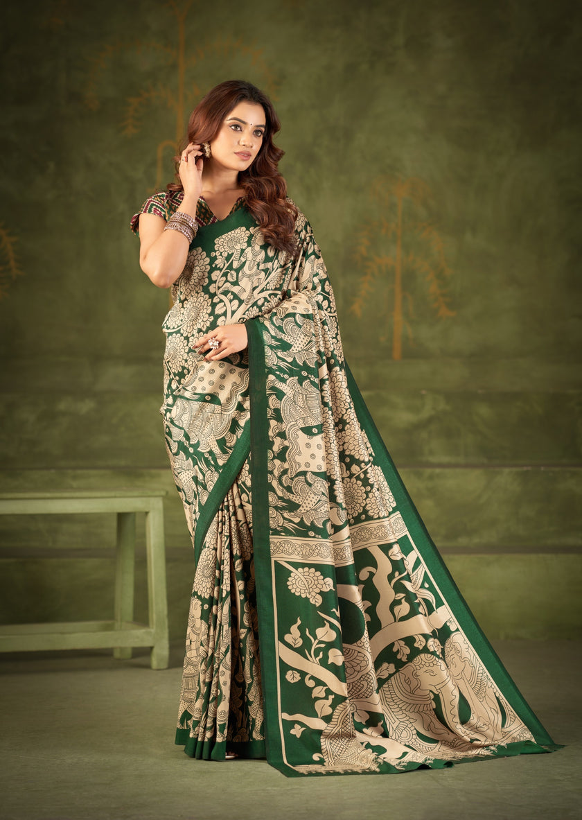 Women's Kalamkari Style Printed Saree with Contrast Border