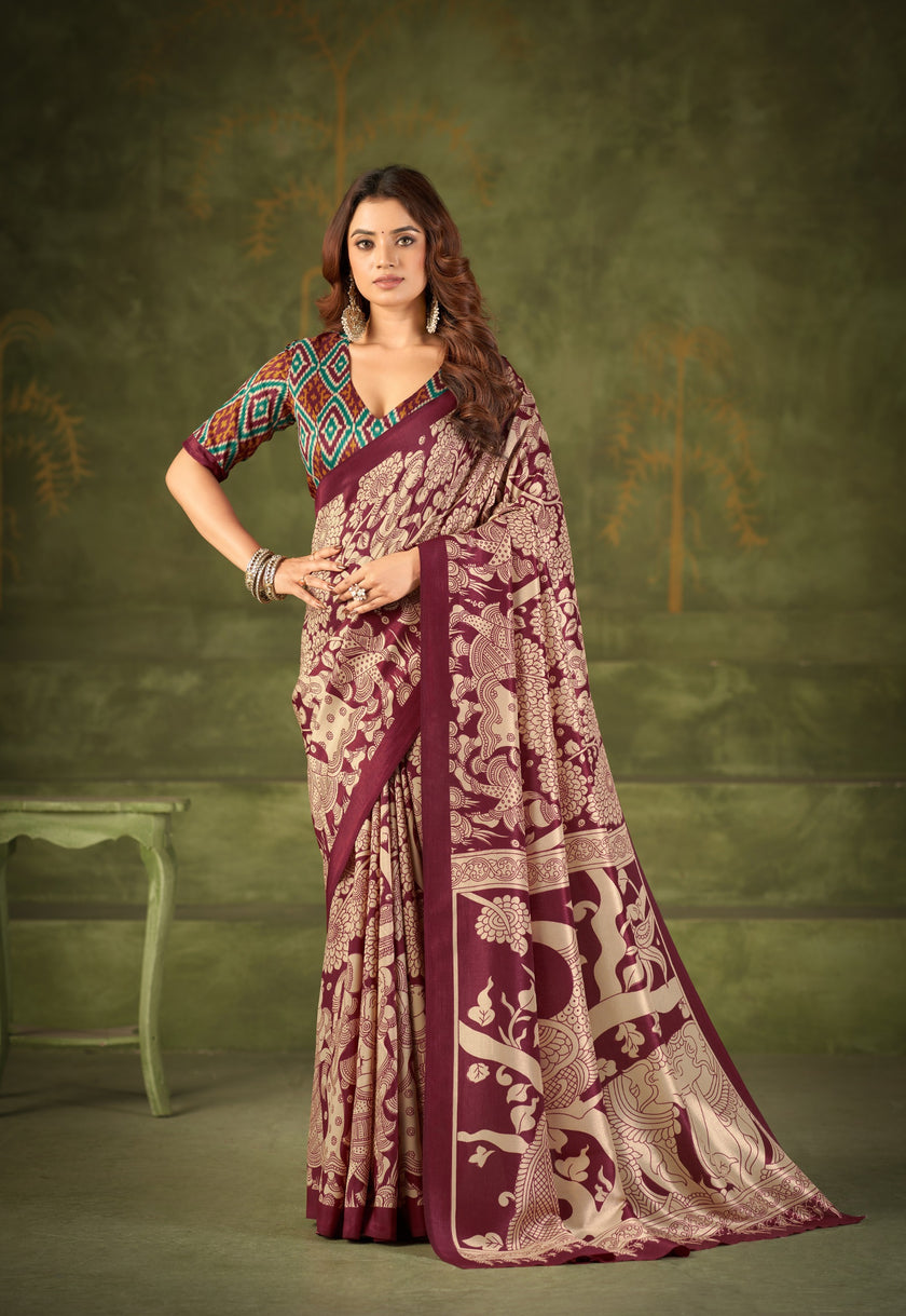 Women's Kalamkari Style Printed Saree with Contrast Border