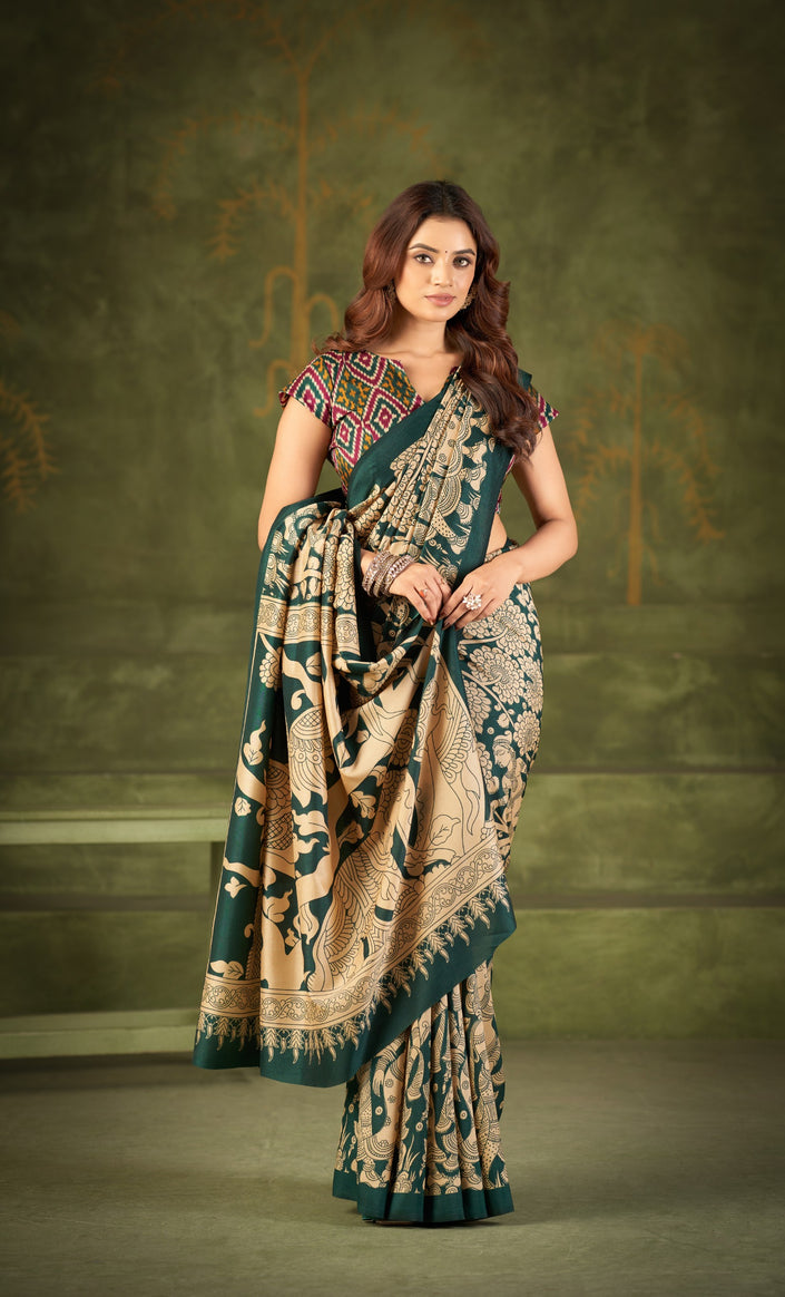 Women's Kalamkari Style Printed Saree with Contrast Border