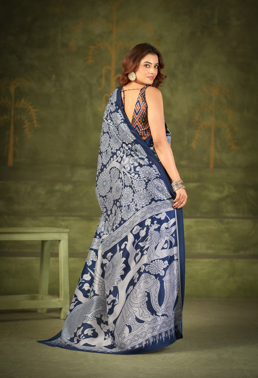 Women's Kalamkari Style Printed Saree with Contrast Border