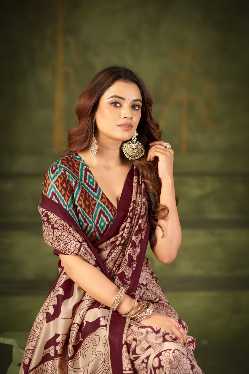 Women's Kalamkari Style Printed Saree with Contrast Border