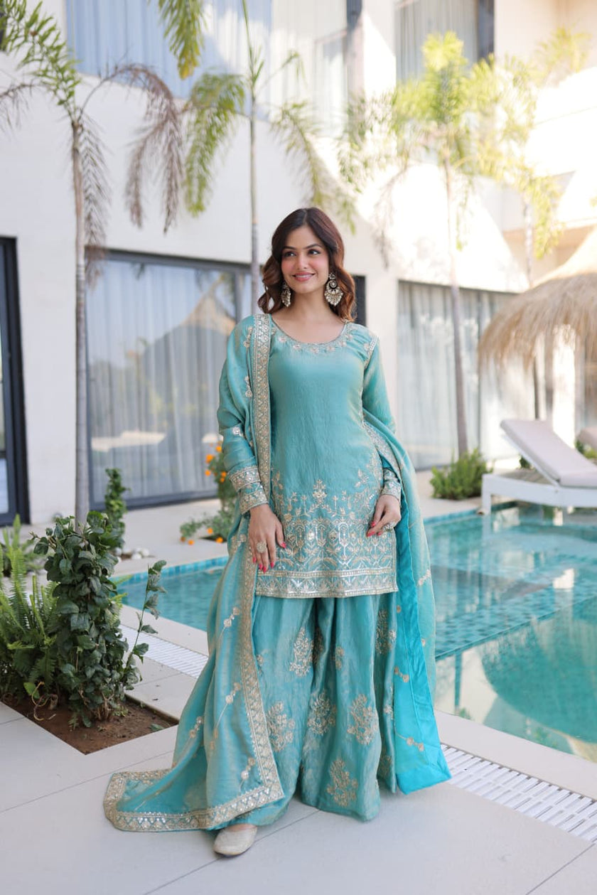 Designer Embroidered Sharara Set with Dupatta for Women.