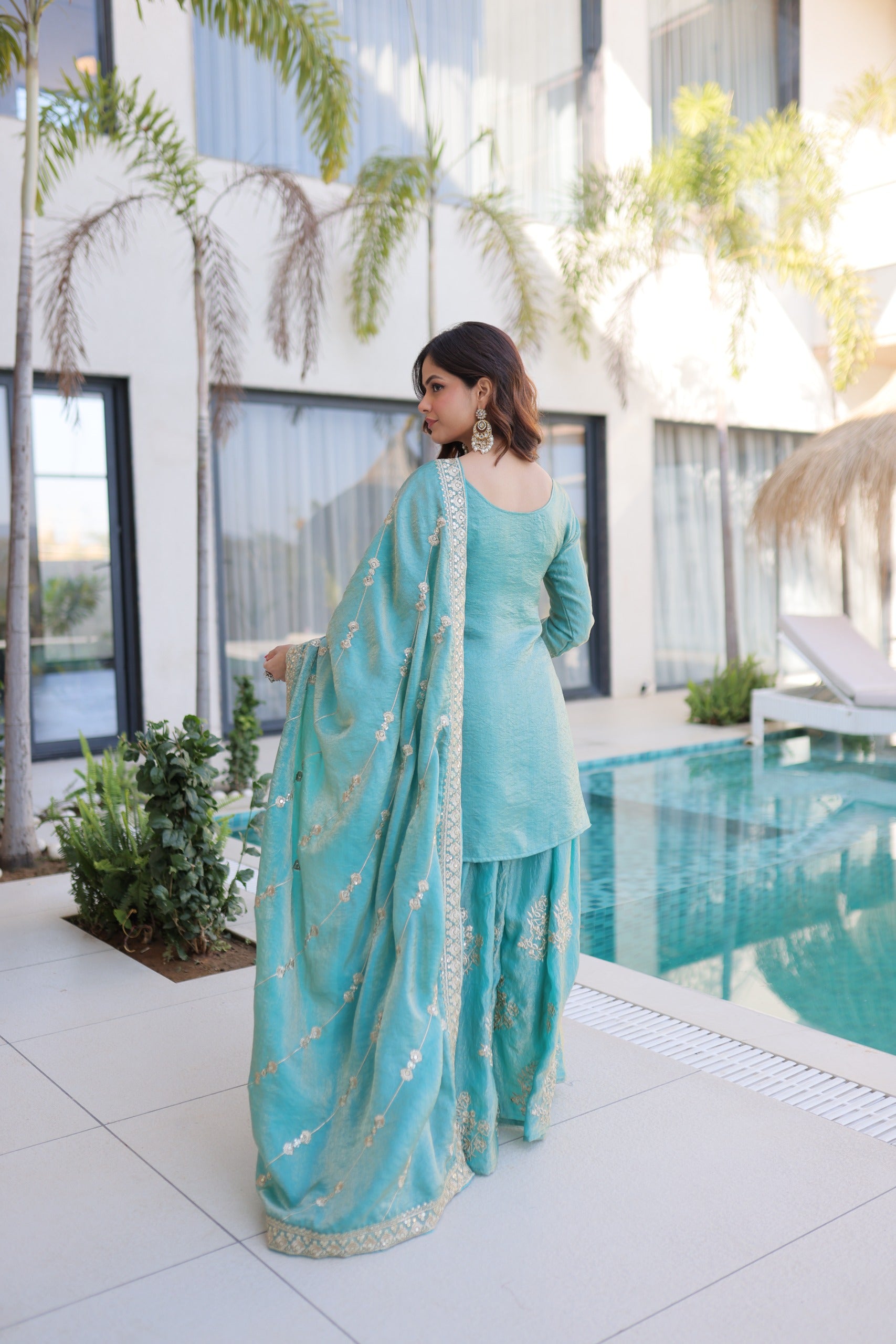 Designer Embroidered Sharara Set with Dupatta for Women.
