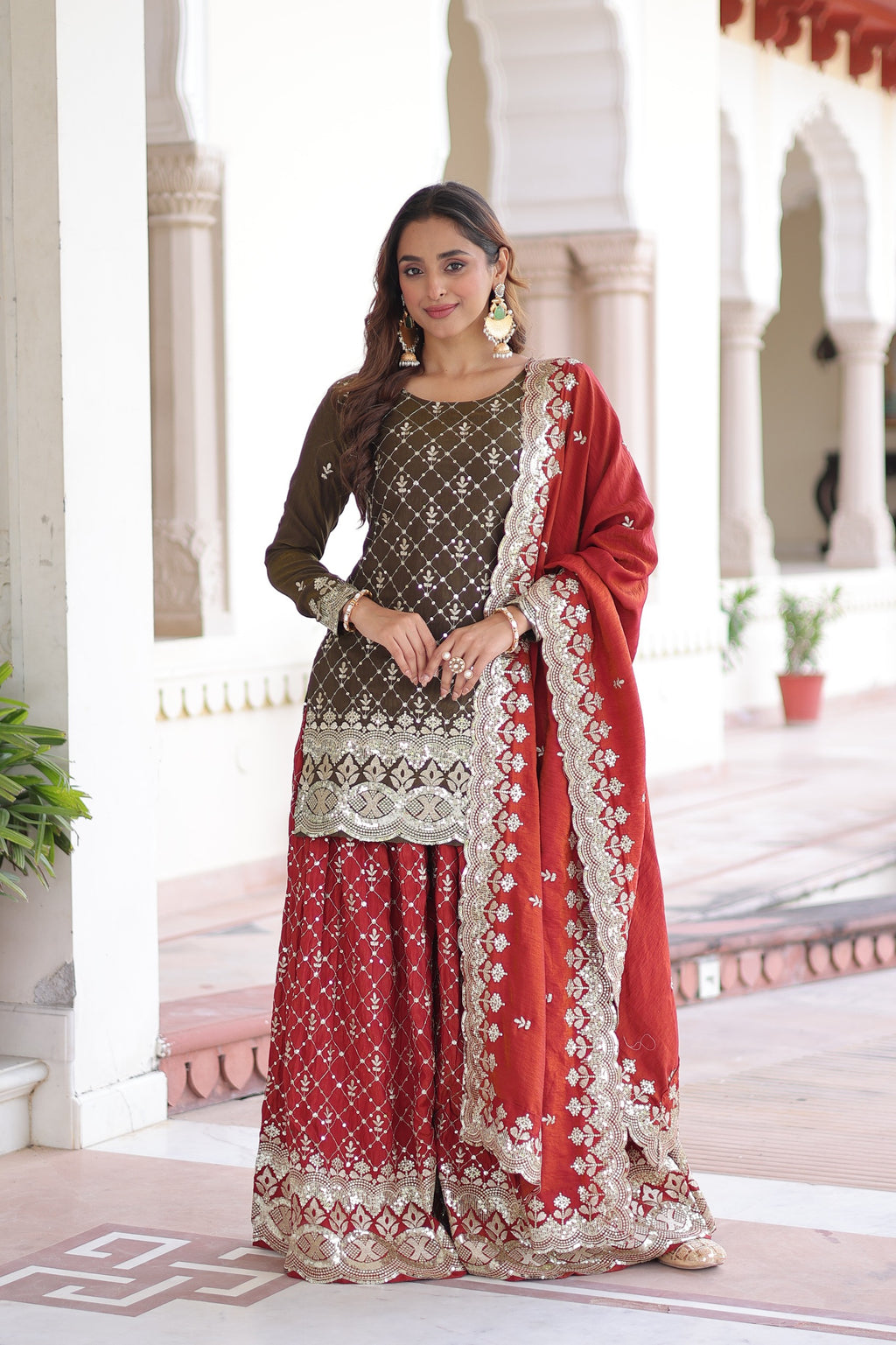 Royal Olive & Crimson Embroidered Sharara Set with Dupatta.