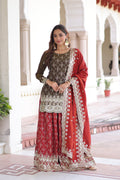 Royal Olive & Crimson Embroidered Sharara Set with Dupatta.
