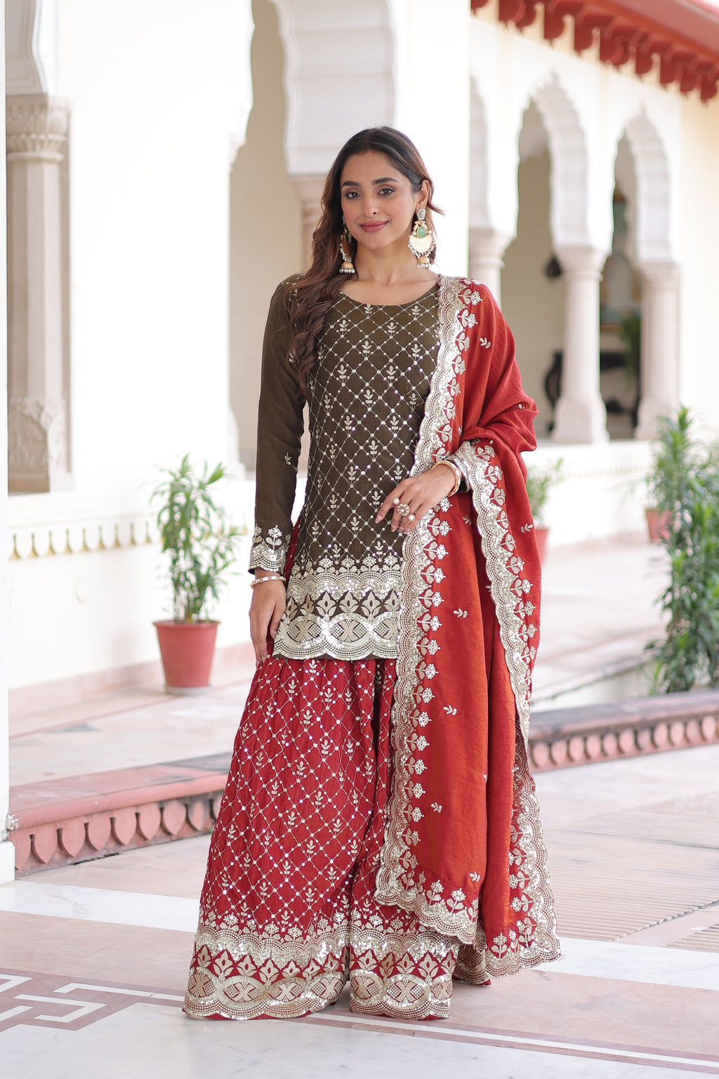 Royal Olive & Crimson Embroidered Sharara Set with Dupatta.