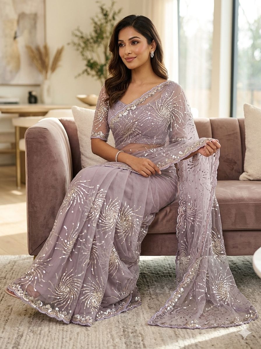 Party Wear Sequins Embroidered Net Saree.