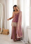 Designer Embellished Straight Kurta with Flared Sharara and Dupatta Set.