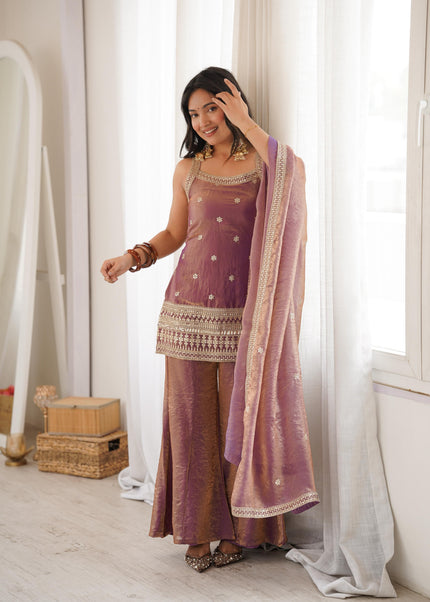 Designer Embellished Straight Kurta with Flared Sharara and Dupatta Set.
