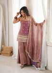Designer Embellished Straight Kurta with Flared Sharara and Dupatta Set.