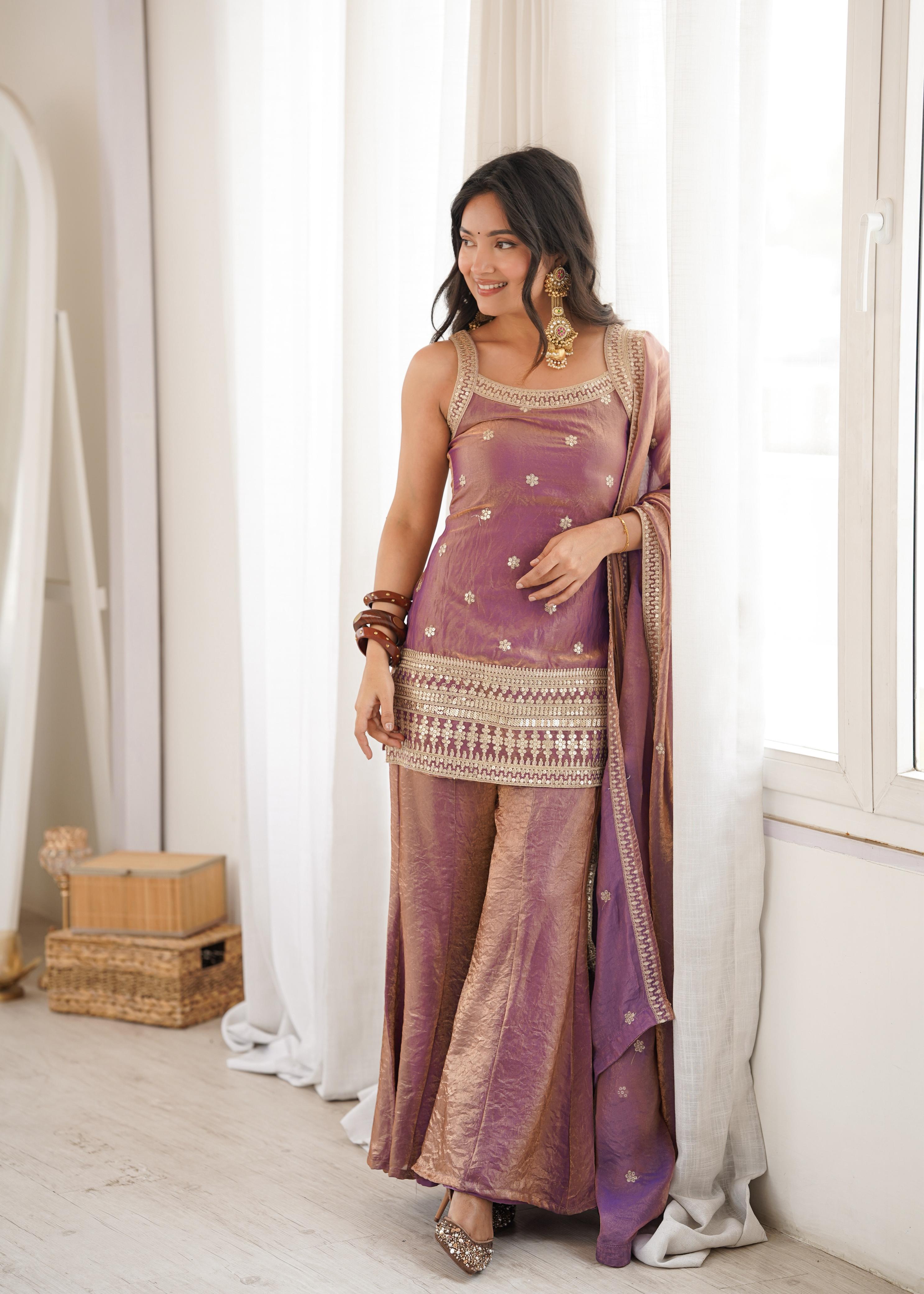 Designer Embellished Straight Kurta with Flared Sharara and Dupatta Set.